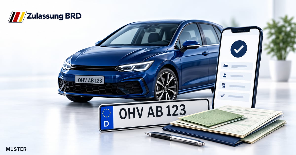 Online Fahrzeugzulassung in Velten: Musterkennzeichen OHV AB 123, Auto und Fahrzeugpapiere und Smartphone. Illustration mit Logo von Zulassung BRD.